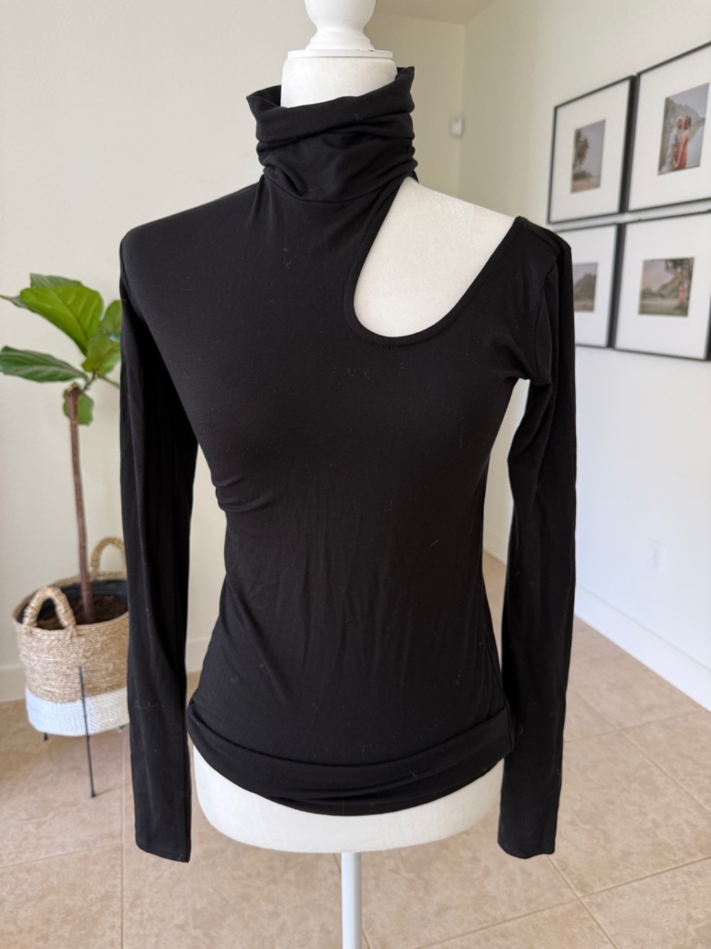 Asymmetric Cutout Turtleneck Long Sleeve Top - Black